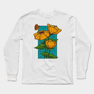 Vintage yellow flower doodle with butterfly illustration Long Sleeve T-Shirt